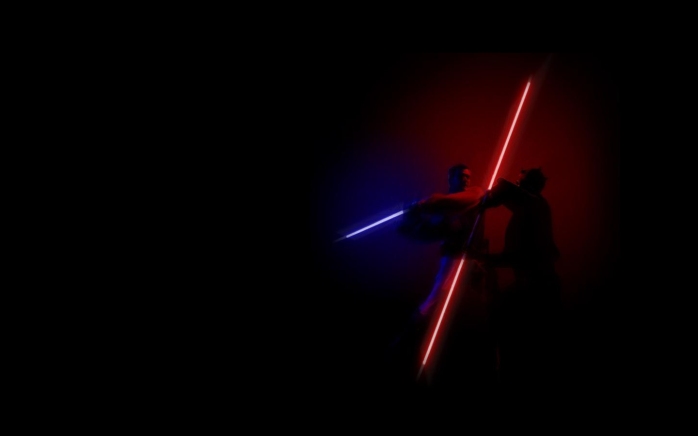 Dark image with a red and blue lightsaber fighting